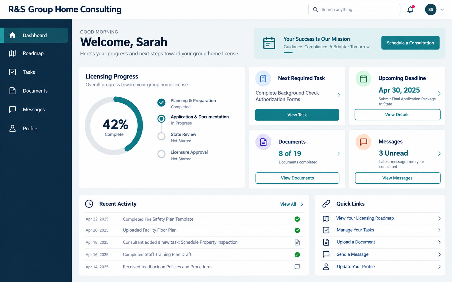 Illustrative RS Care Connect dashboard concept with progress and task information
